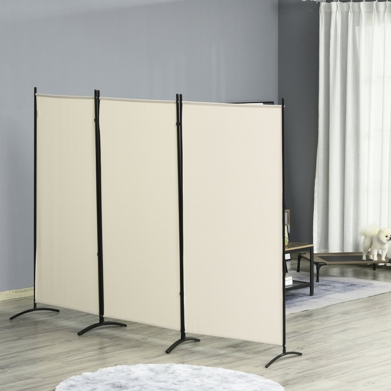 Three-panel beige folding screen room divider with black metal frame in a room